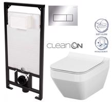 DEANTE Podomítkový rám, pro závěsné WC mísy + SLIM tlačítko chrom + WC CERSANIT CLEANON CREA čtverec + SEDÁTKO CST_WC01 051P CR2