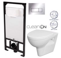 DEANTE Podomítkový rám, pro závěsné WC mísy + SLIM tlačítko chrom + WC CERSANIT CLEANON PARVA + SEDÁTKO CST_WC01 051P PA1