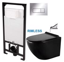 DEANTE Podomítkový rám, pro závěsné WC mísy + SLIM tlačítko chrom + WC MEXEN LENA ČERNÁ Rimless + SEDÁTKO CST_WC01 051P ME01