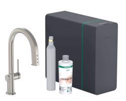 HANSGROHE Aqittura M91 Dřezová baterie s výsuvnou koncovkou, SodaSystem, sBox, vzhled nerezu 76806800